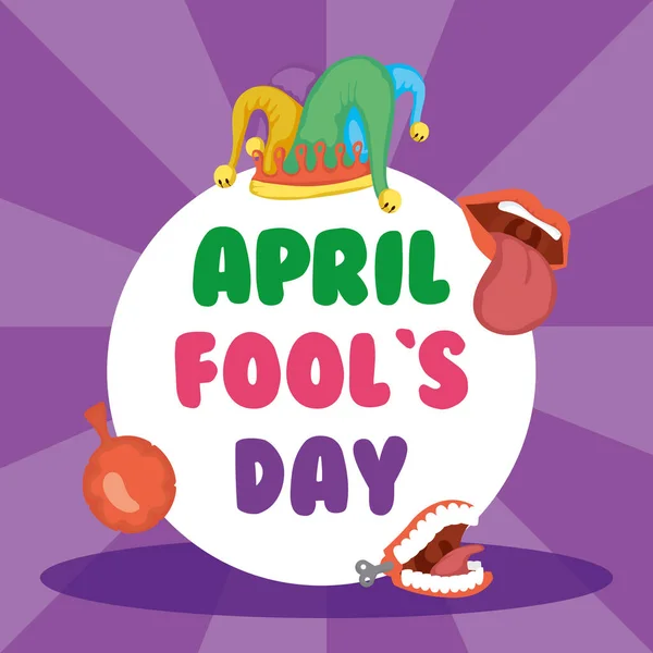 Happy april sciocchi day card con cornice circolare e icone — Vettoriale Stock