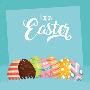 happy easter celebration card with lettering and eggs painted