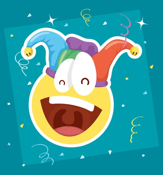 Happy april fools day card with emoji crazy face and buffoon hat — Stockový vektor
