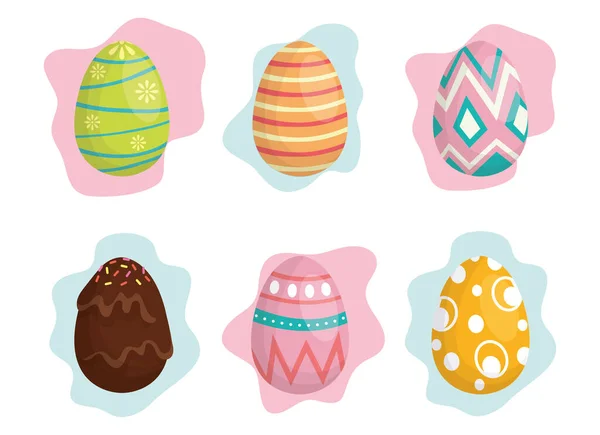 Щаслива великодня листівка святкування з набором пофарбованих яєць — стоковий вектор
