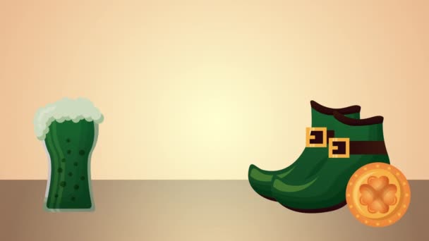 St patricks day animated card with beers and boots — Stockvideo