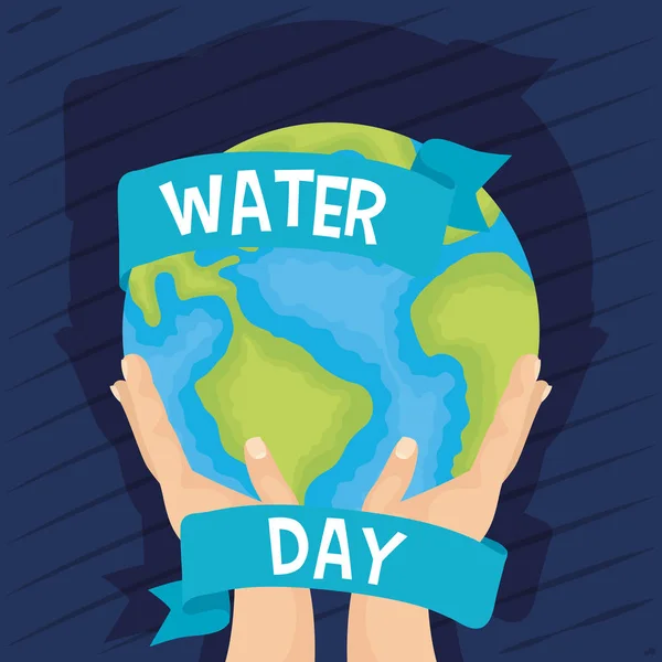 Cartel del día del agua con las manos levantando mundo planeta tierra — Archivo Imágenes Vectoriales