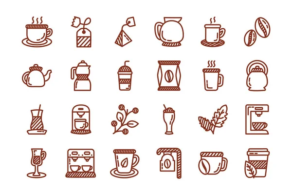 Bundle of coffee and tea line style icon — Stock Vector