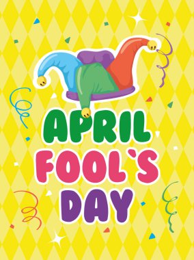 happy april fools day card with lettering and buffoon hat