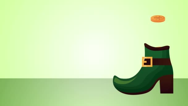 St patricks día tarjeta animada con bota de elfo y monedas — Vídeos de Stock