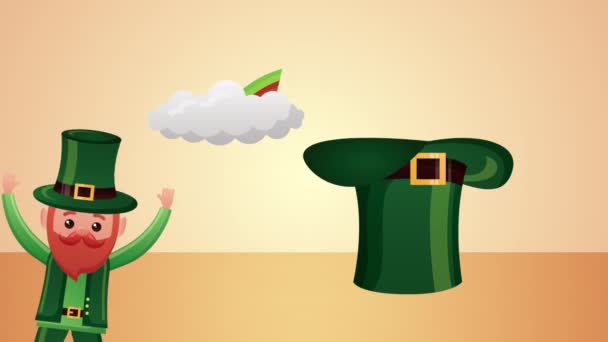 St patricks day animated card with happy elf and hat — 图库视频影像