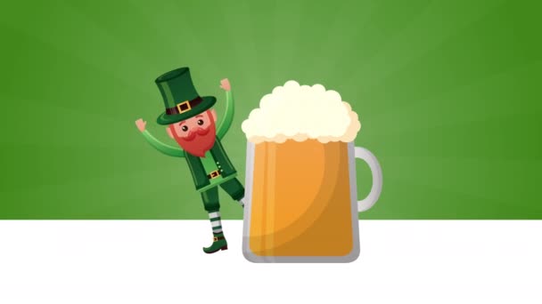 Tarjeta animada día de San Patricio con elfo feliz y cerveza — Vídeo de stock