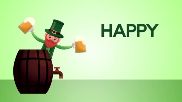 День святого Патрика анимированная открытка с эльфом и пивом — стоковое видео