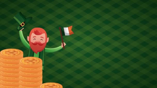 St patricks day animated card with elf and treasure coins — Stockvideo