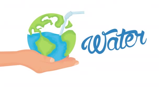 Water day campaign animated with world planet and straw — Stok video