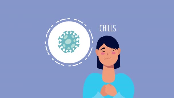 Woman with coronavirus chills symptom character — Stok video