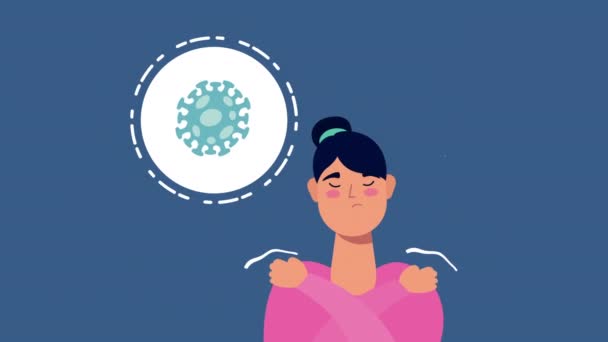 Woman with coronavirus muscle aches symptom character — Stockvideo