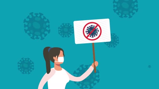 Animación pandémica de coronavirus con la mujer activista protestando — Vídeo de stock