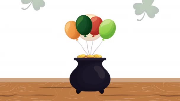 San Patricio día tarjeta animada con caldero tesoro y globos helio — Vídeo de stock