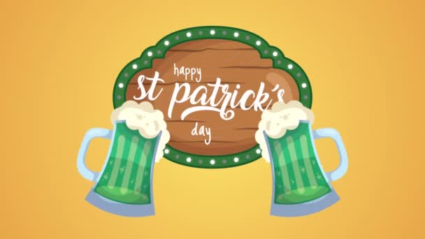 St dia patricks cartão animado com etiqueta de madeira e cervejas — Vídeo de Stock