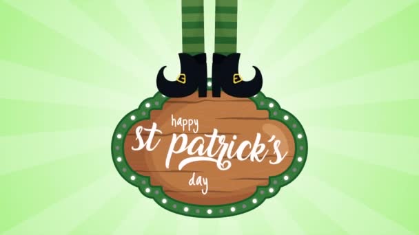 St patricks day animated card with wooden label and elf legs — Stockvideo