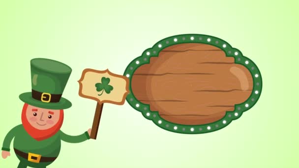 San Patricio día tarjeta animada con elfo y etiqueta de madera — Vídeos de Stock