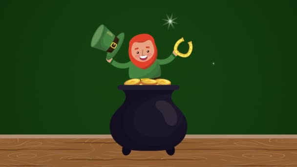 St patricks day animated card with elf and treasure cauldron — Αρχείο Βίντεο