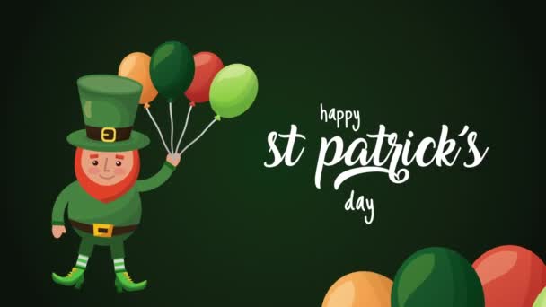 San Patricio día tarjeta animada con elfo y globos helio — Vídeo de stock