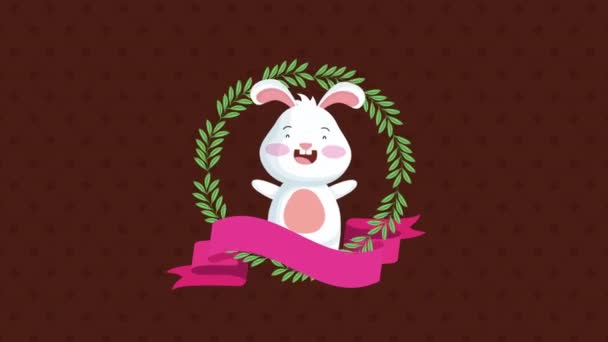 Happy easter animated card with cute rabbit and leafs frame — Stock Video
