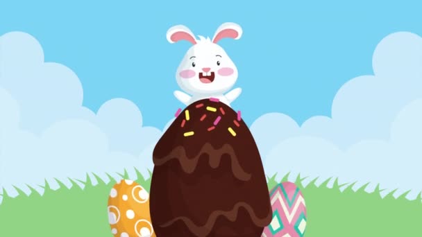 Happy easter animated card with cute rabbit and eggs painted — Stockvideo