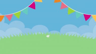 happy easter animated card with rabbit and eggs painted in field