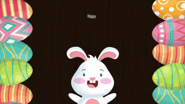 Happy easter animated card with cute rabbit and eggs painted frame — Stock Video