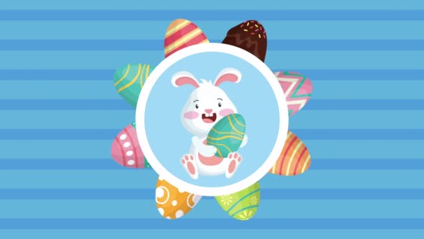 Happy easter animated card with cute rabbit and eggs painted frame — Stock Video