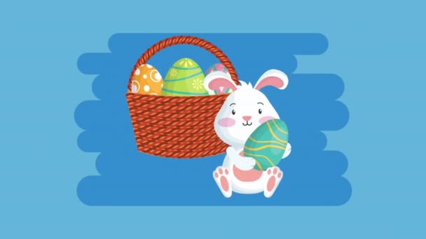 Happy easter animated card with rabbit and eggs painted in basket — Stok video