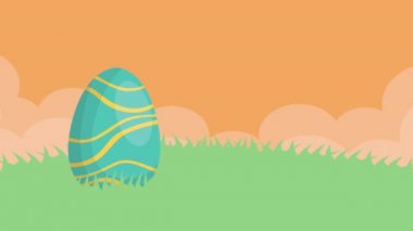 happy easter animated card with rabbit and eggs painted in field