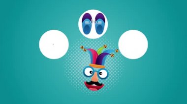 happy fools day card with crazy mask and buffoon hat