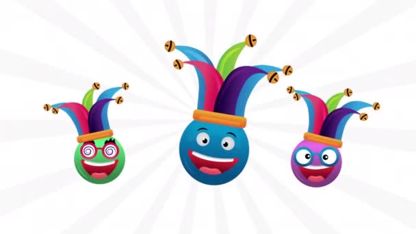 Happy fools day card with crazy emojis and buffoons hats — Stock video