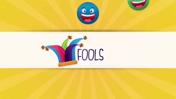 Happy fools day card with crazy emojis and buffoons hats — Stock video