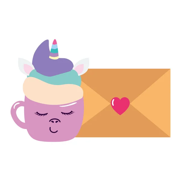 Cute cup unicorn kawaii with envelope — Διανυσματικό Αρχείο