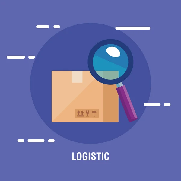 Servicio logístico de entrega con caja y lupa — Archivo Imágenes Vectoriales
