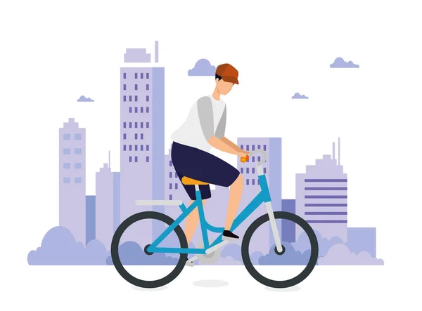 Edifícios cena urbana com o homem de bicicleta — Vetor de Stock