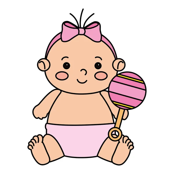 Cute little baby girl with rattle isolated icon — Stock Vector