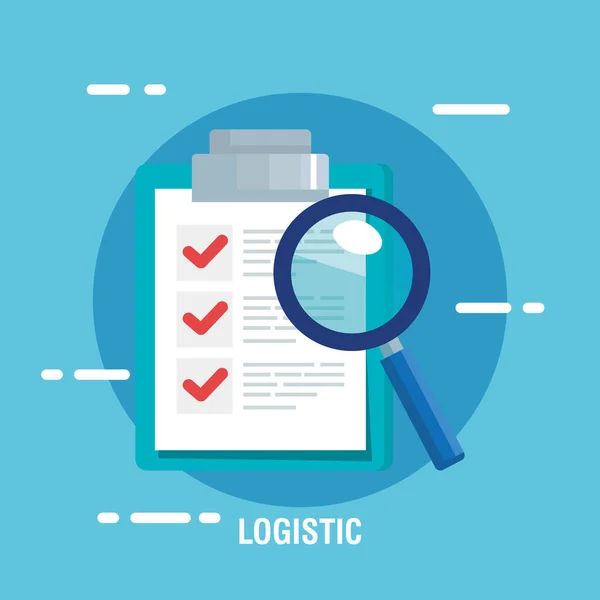 Szállítási logisztikai szolgáltatás ellenőrző listával és nagyítóval — Stock Vector