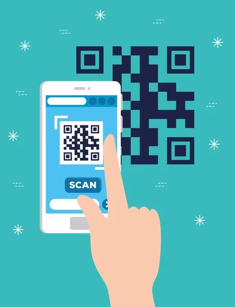 Mano usuario escanear código qr con el teléfono inteligente — Vector de stock