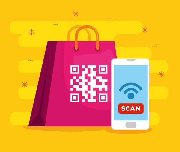 Código de varredura qr no saco de compras com smartphone — Vetor de Stock