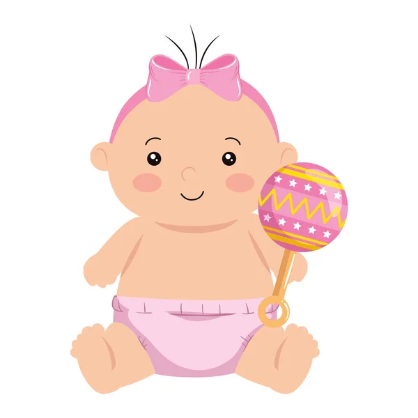 Cute little baby girl with rattle isolated icon — Stock Vector