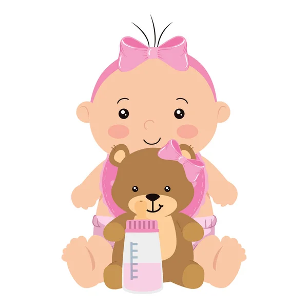 Cute little baby girl with teddy bear and bottle milk — Stock Vector