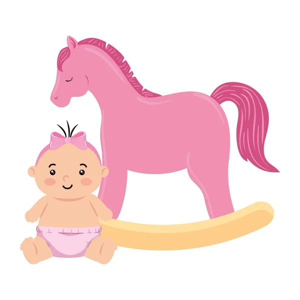 Söt liten flicka med trä häst leksak — Stock vektor