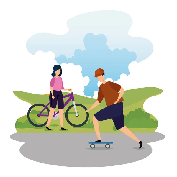 風景の中で自転車やスケートボードとカップル — ストックベクタ