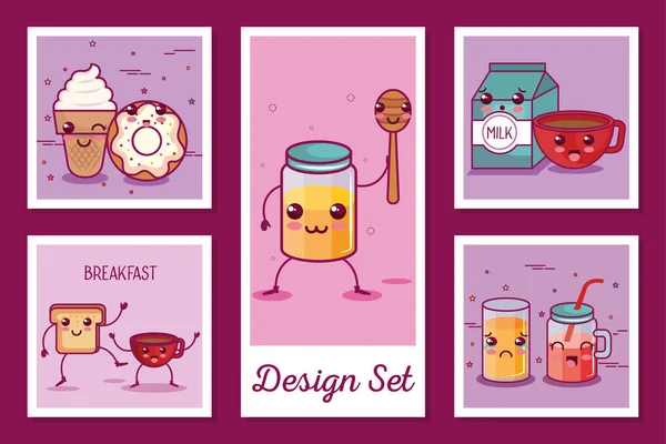 Ontwerpen set van ontbijt pictogrammen kawaii stijl — Stockvector