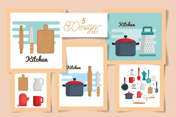 Pět návrhů kuchyňských ikon — Stockový vektor