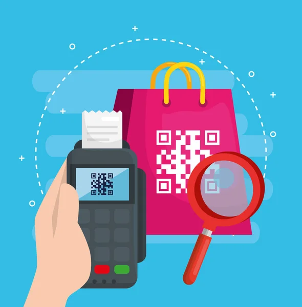 Código qr no saco de compras com ícones — Vetor de Stock