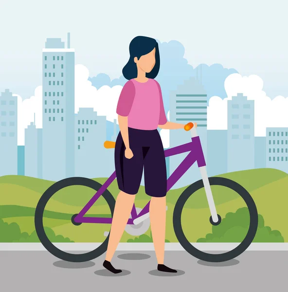 Donna con bici e paesaggio urbano — Vettoriale Stock