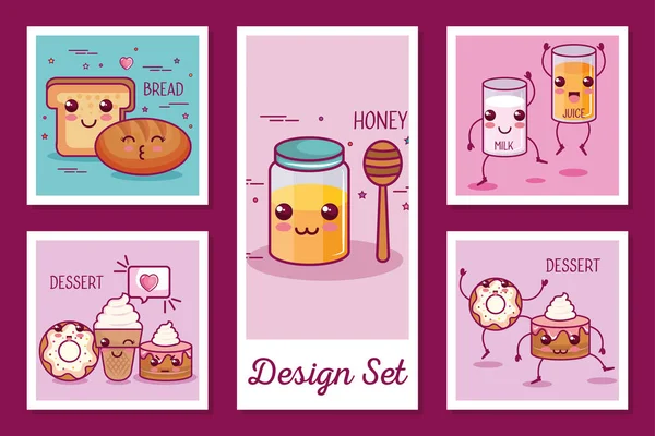 Dessins ensemble d'icônes de petit déjeuner style kawaii — Image vectorielle