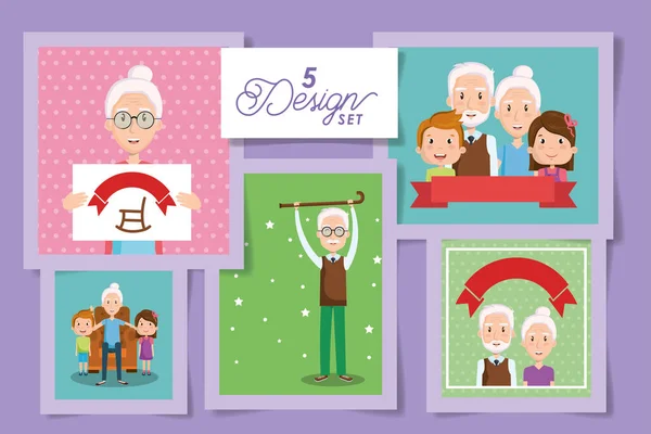 Five designs of cute grandparents and grandsons — Stock Vector